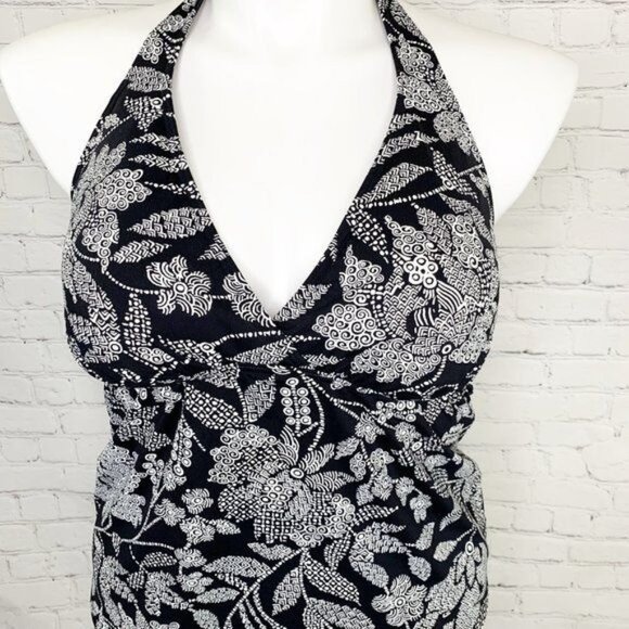 LANDS' END BLACK & WHITE FLOWER PRINT PADDED CUP SWIM TANKINI TOP - 14 - Picture 2 of 5